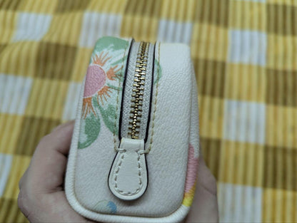 Pre-Owned Coach Mini Boxy Cosmetic Case Dreamy Land Floral Print Leather Makeup Bag Small Zip Pouch Authentic Coach