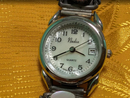 Rare 1990s Nadia Vintage Pre-Owned Luxury Quartz Watch Mother of Pearl Dial Stone  24mm Working Elegant Designer Jewelry Style
