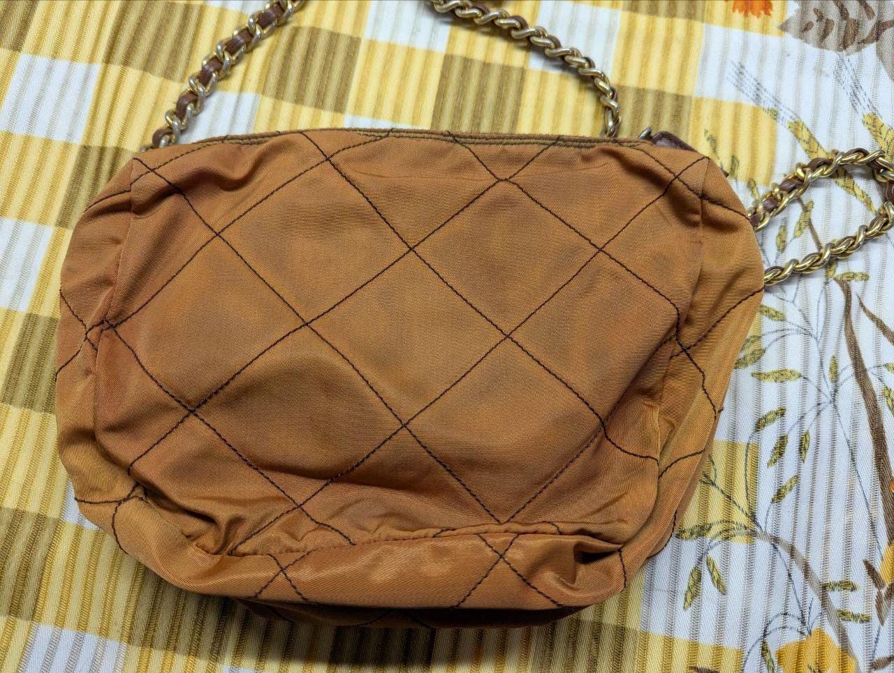 Prada Milano Nylon Quilted Shoulder Bag Brown Vintage Designer Chain Bag With Leather Trim Made In Italy Authentic Pre Owned