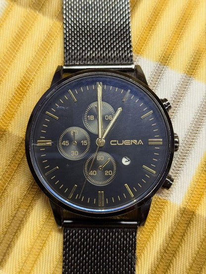 Pre-Owned Cuena 8619 Chronograph Watch Black Gold Mesh Strap Stainless Steel Back Date Quartz