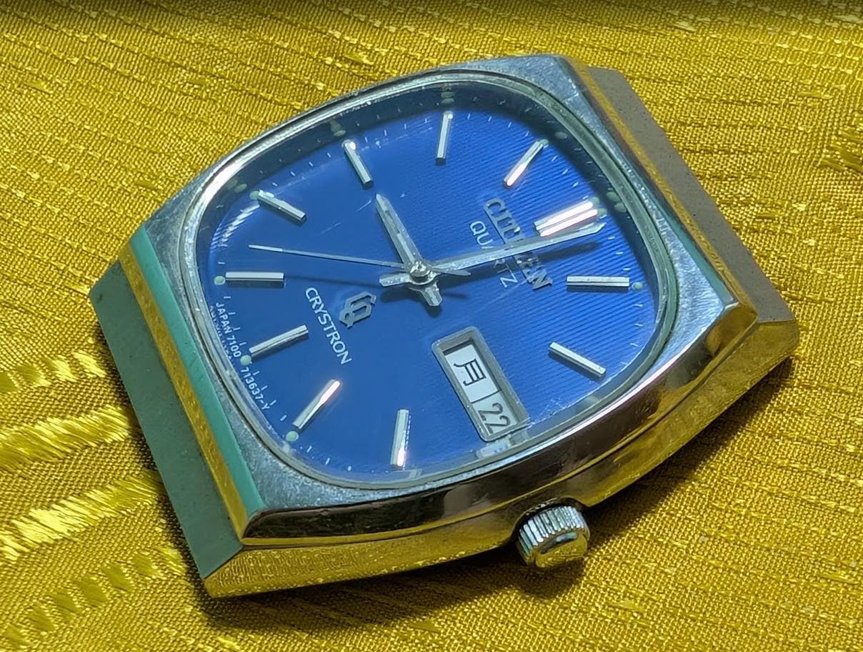 Vintage Pre-Owned Citizen Crystron Quartz Tank 4-730780 Blue Dial 33mm Japan New Battery Day Date Running Rare Dress Watch
