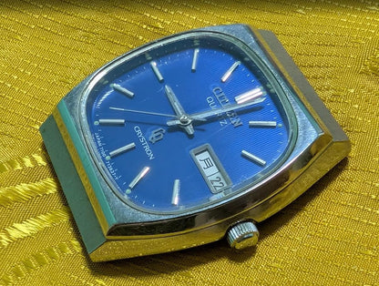 Vintage Pre-Owned Citizen Crystron Quartz Tank 4-730780 Blue Dial 33mm Japan New Battery Day Date Running Rare Dress Watch