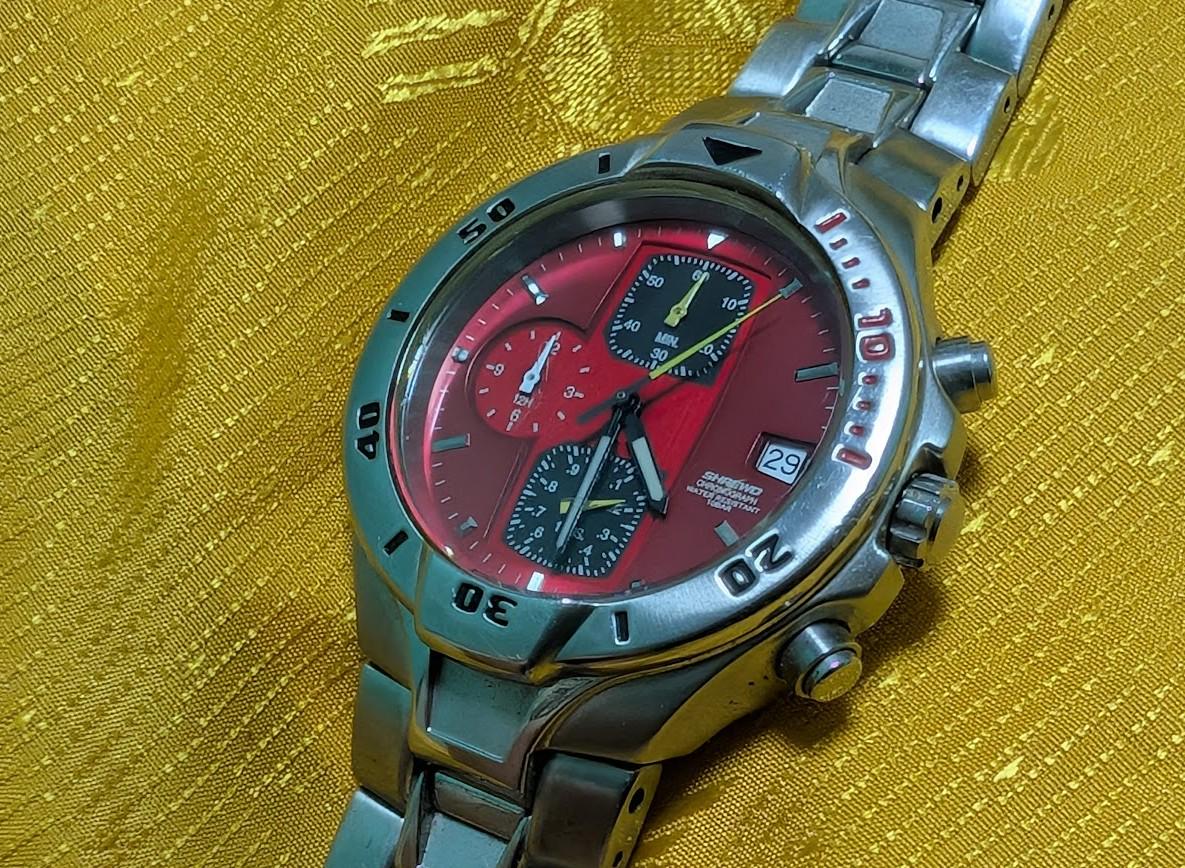 Rare Ricoh Chronograph Red Dial Vintage Pre-Owned Japan Watch Mens Stainless Steel Sport Watch Working New Battery.case 38mm.