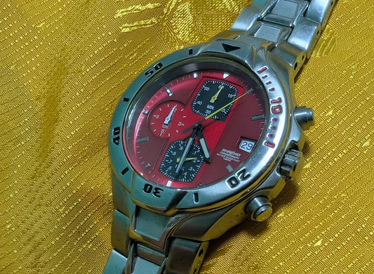 Rare Ricoh Chronograph Red Dial Vintage Pre-Owned Japan Watch Mens Stainless Steel Sport Watch Working New Battery.case 38mm.