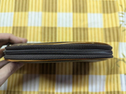 Vintage Unbranded Brown Monogram Cosmetic Pouch Zip Makeup Bag With Gold Frame Small Retro Toiletry Case Pre Owned