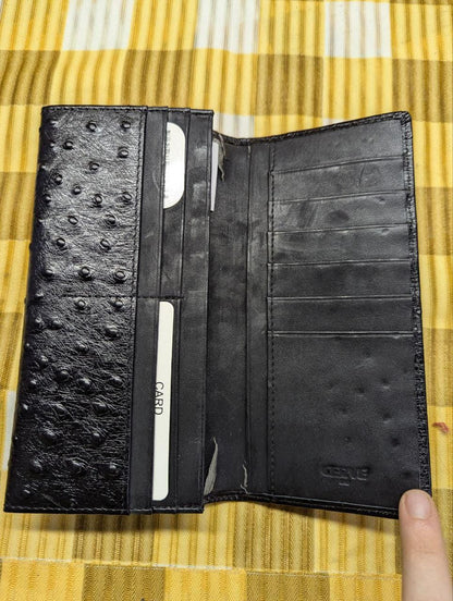 Vintage Pre-Owned Cerve Italy Long Leather Wallet Black Ostrich Embossed Bifold Card Holder Zip Coin Pocket Genuine Leather Wallet