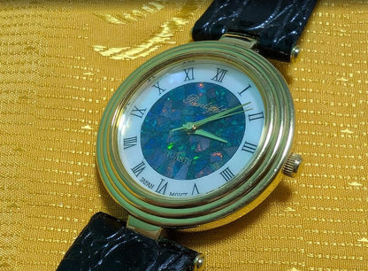 Vintage Pre-Owned Pearlight Quartz Watch 30mm Opal Mosaic Dial Roman Numerals Black Leather Strap Japan Movt. New Battery