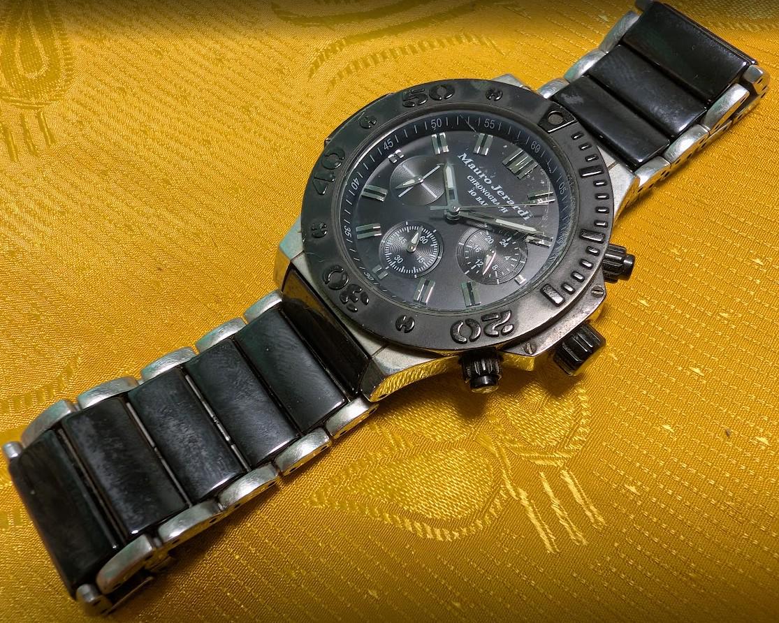 Pre-Owned Rare Mauro Jerardi MJ-027 Men's Chronograph Watch, 43mm Black Ceramic Bracelet, Japanese Quartz, 10 BAR, New Battery, Working Video, Gift