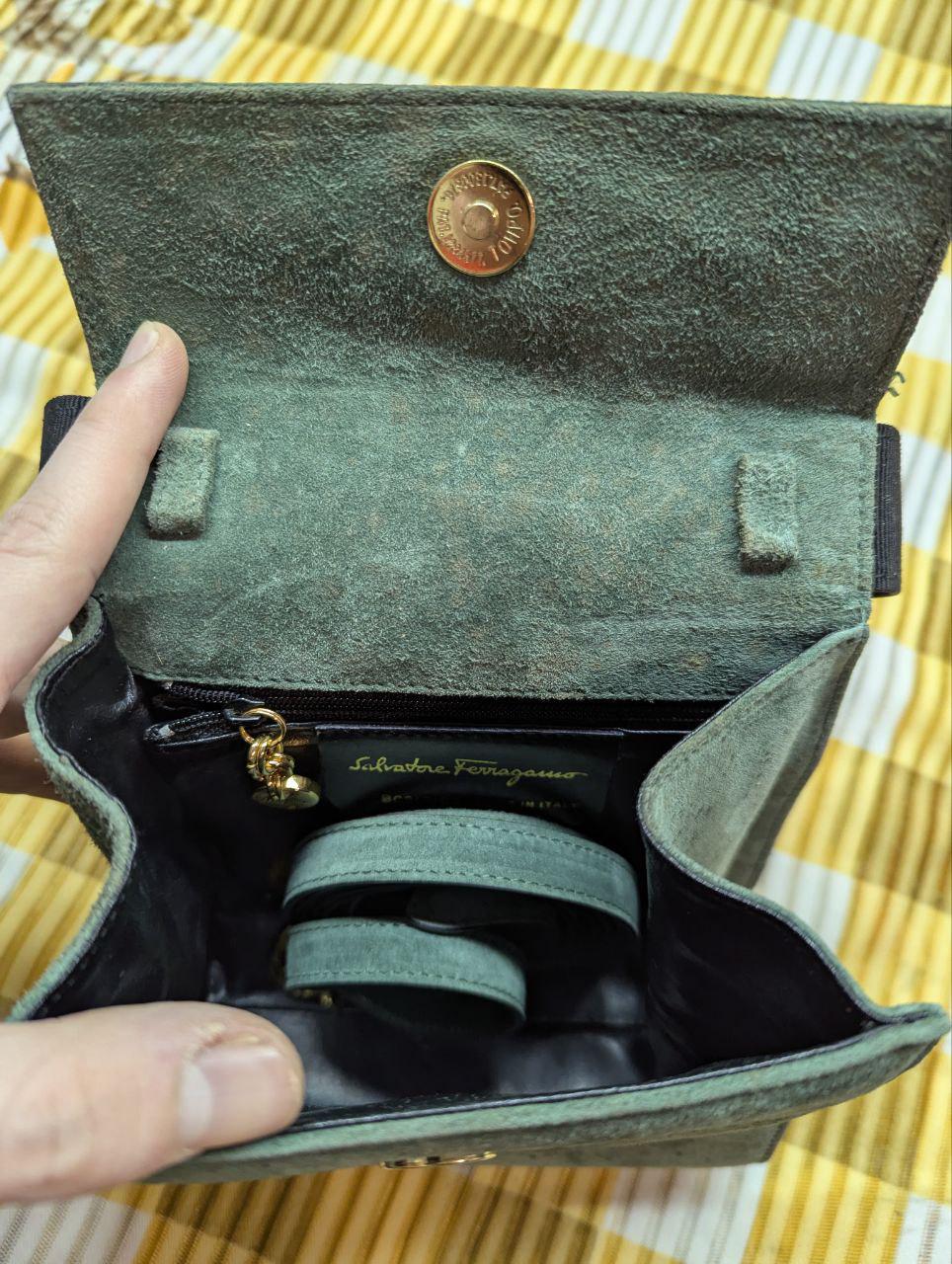 Salvatore Ferragamo Suede Mini Bag Green Vara Bow Crossbody Bag Vintage Pre-Owned Ferragamo Shoulder Bag Made In Italy