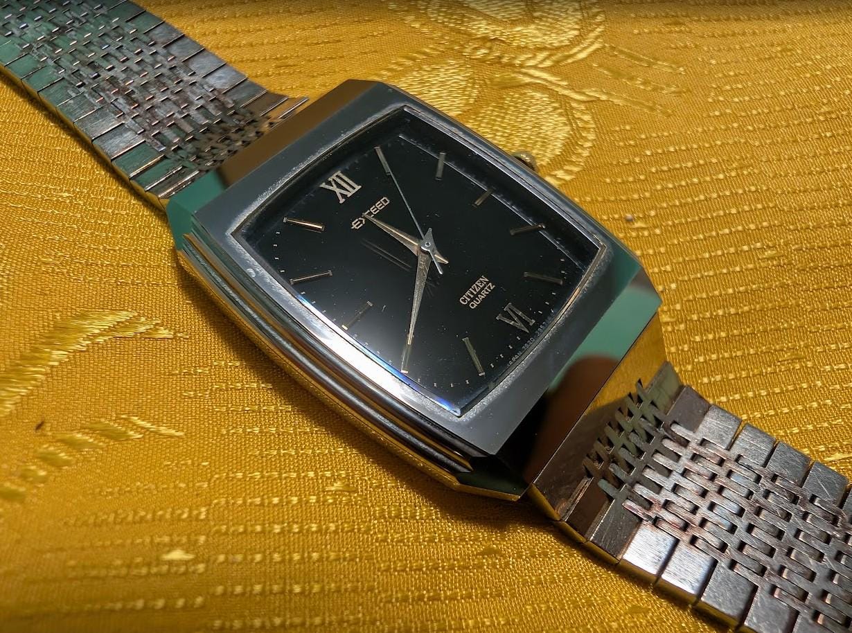 Rare Citizen Exceed Quartz Tank Watch 29mm Vintage Pre-Owned Japan Stainless Steel Bracelet Black Dial Roman Numerals Dress Watch .New Battery