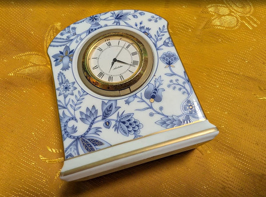 Noritake Bone China Porcelain Desk Clock Blue White Floral Japan Quartz Mantel Clock Working Vintage Pre-Owned Home Decor