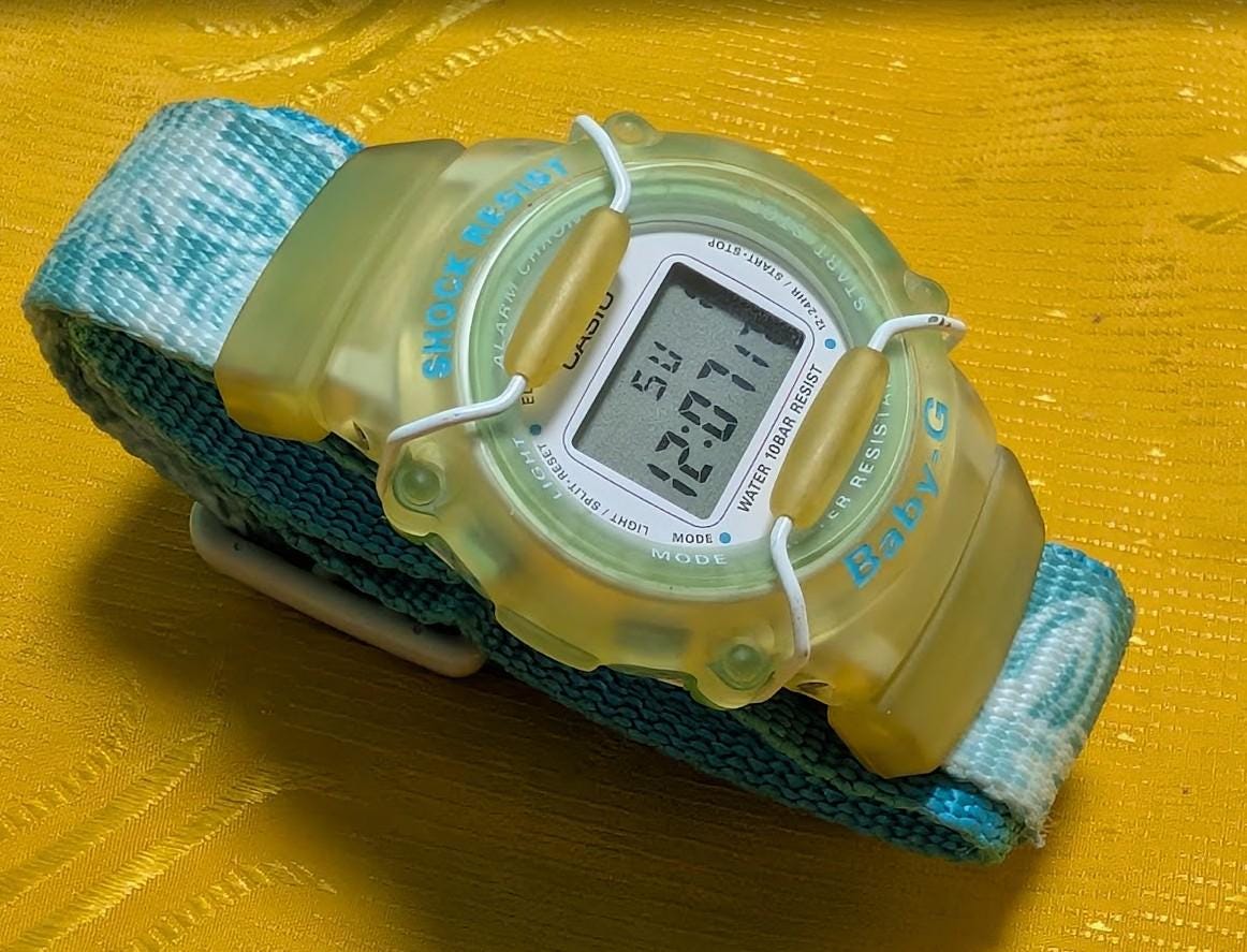 Vintage Pre-Owned Casio Baby-G BG-300 Digital Watch, 40mm Translucent Case, Green Backlight, Shock Resistant, 10 Bar, New Battery, Working Video