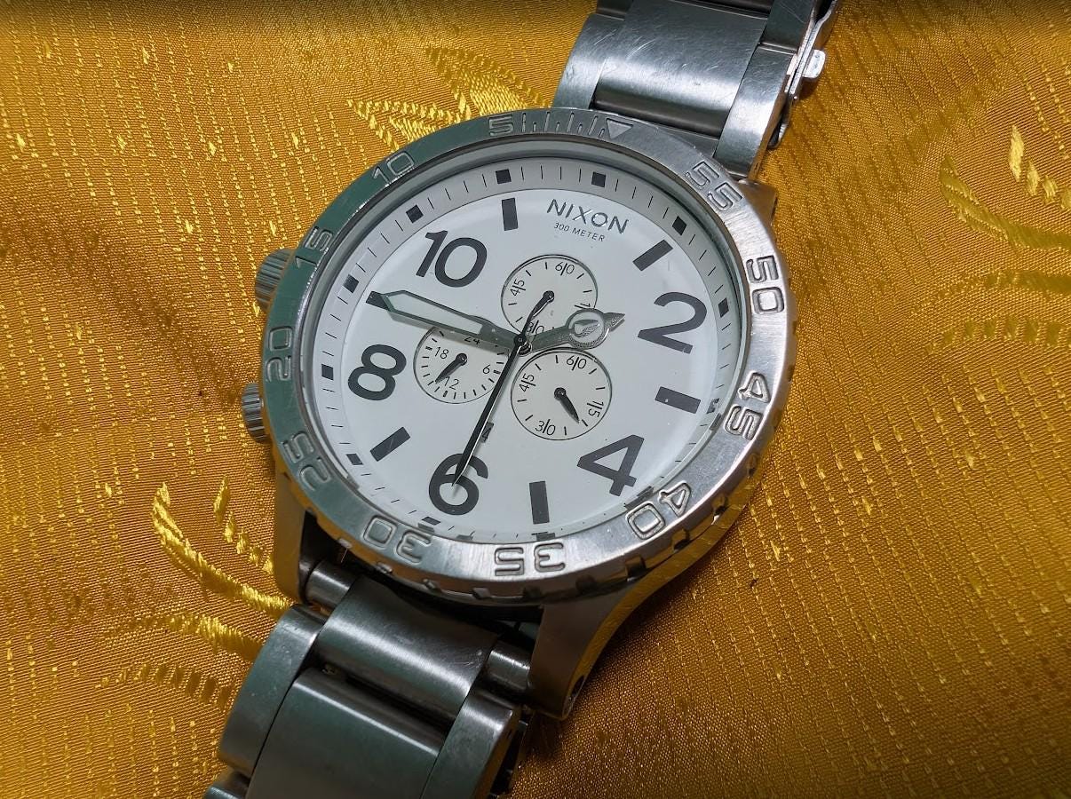 Pre-Owned Rare Nixon The 51-30 Chrono K14 300M Oversized Diver Watch 50mm White Dial Stainless Steel Japan Movement Working