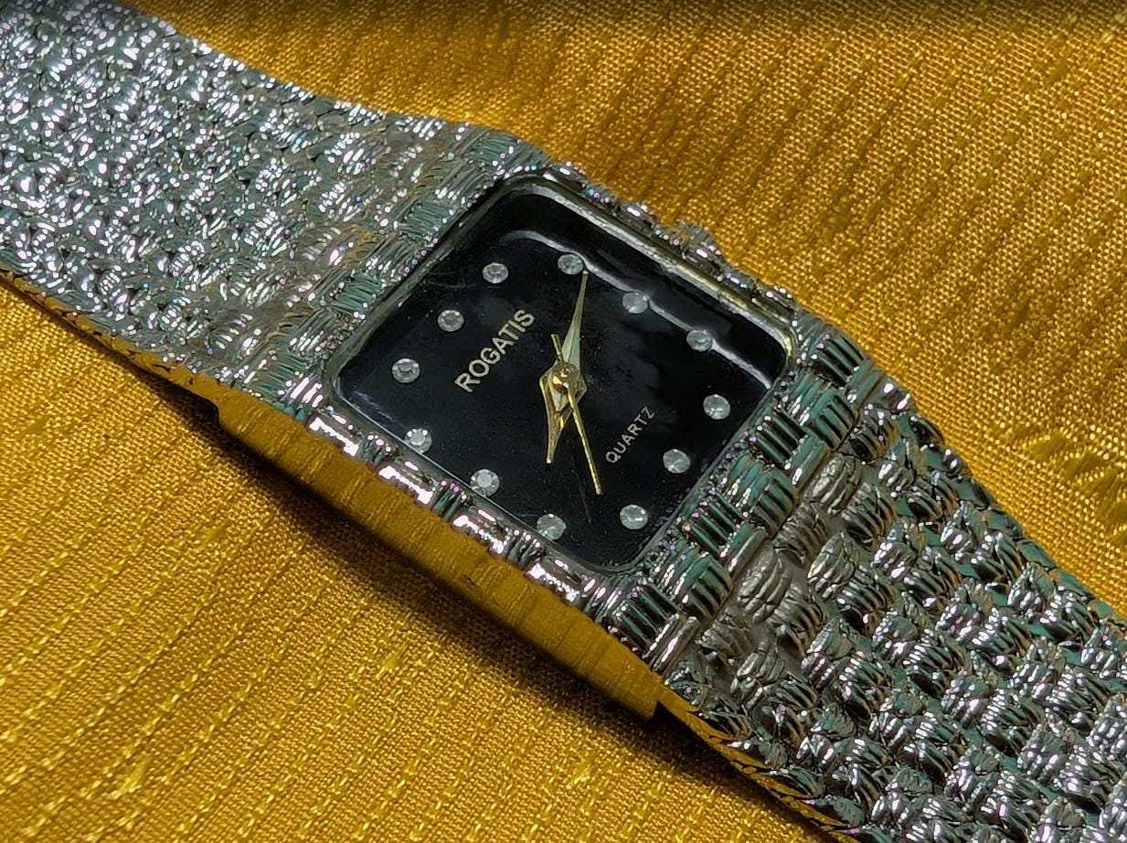 Rogatis Vintage Pre-Owned Watch Women Rectangular Black Dial Mesh Bracelet Quartz Minimalist.New Battery