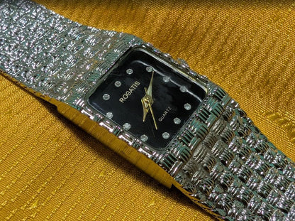 Rogatis Vintage Pre-Owned Watch Women Rectangular Black Dial Mesh Bracelet Quartz Minimalist.New Battery