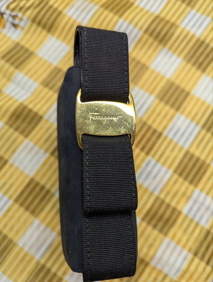 Salvatore Ferragamo Mini Shoulder Bag Black Suede Leather Crossbody Bag Vintage Pre-Owned Designer Bag Made In Italy