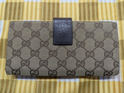 Vintage Pre-Owned Gucci GG Canvas Wallet Brown Monogram Leather Trim Long Wallet Designer Womens Wallet Authentic Italy