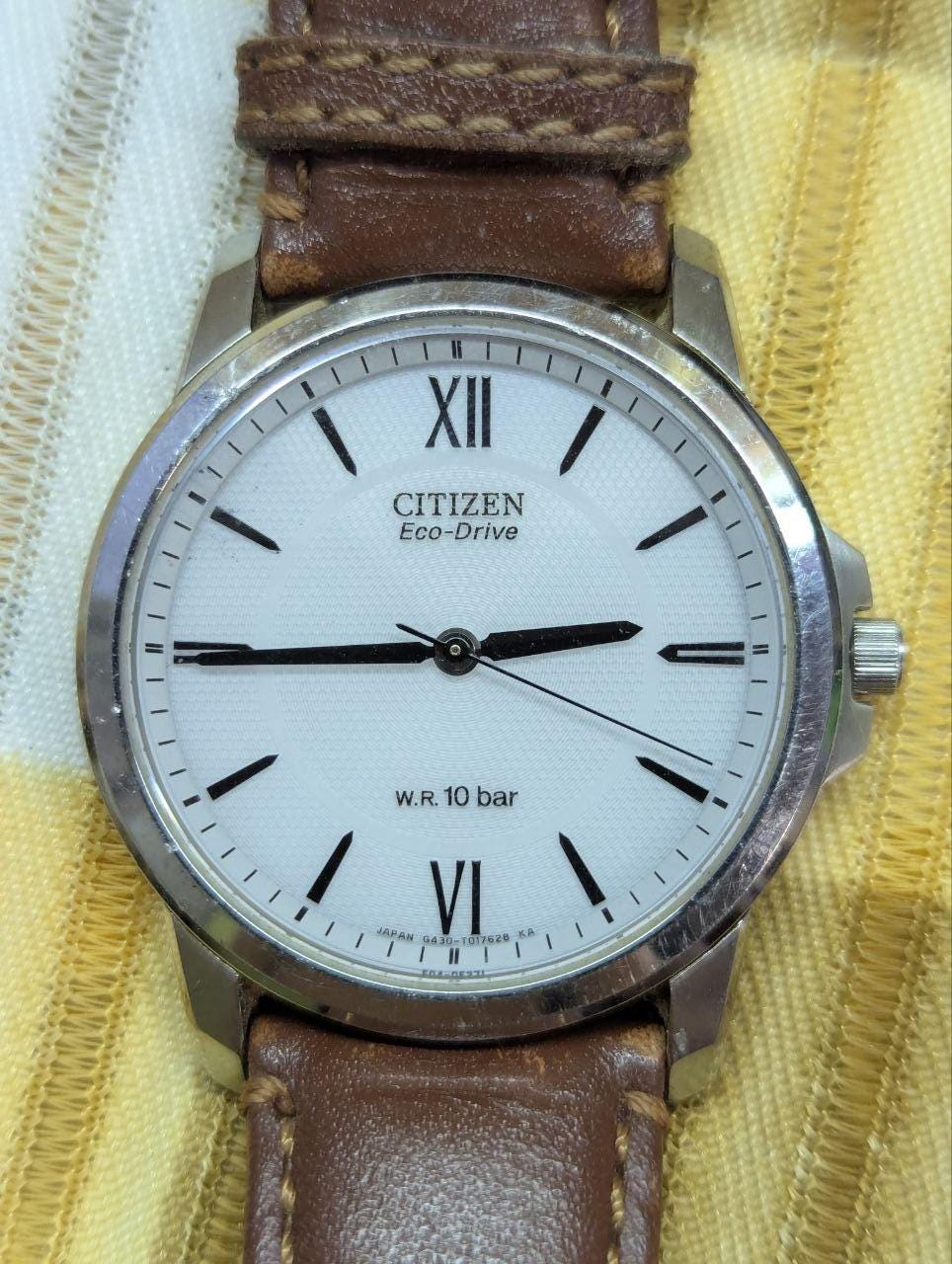 Vintage Pre-Owned Citizen Eco-Drive G430-T01093B Watch Japan Movement Roman Dial Brown Leather Strap