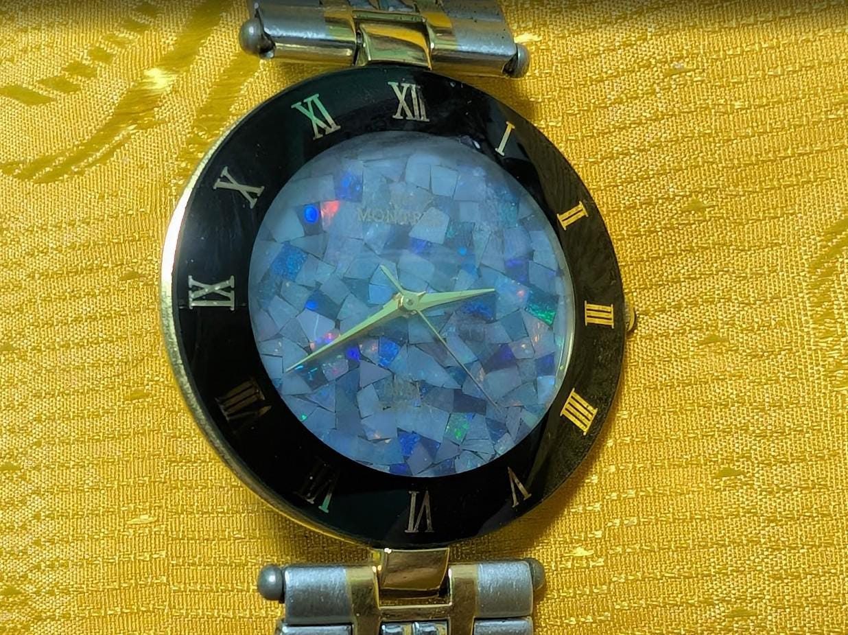 Rare Vintage Pre-Owned Montres MS-003G Opal Jewelry Watch 33mm Quartz Black Roman Dial Bracelet New Battery
