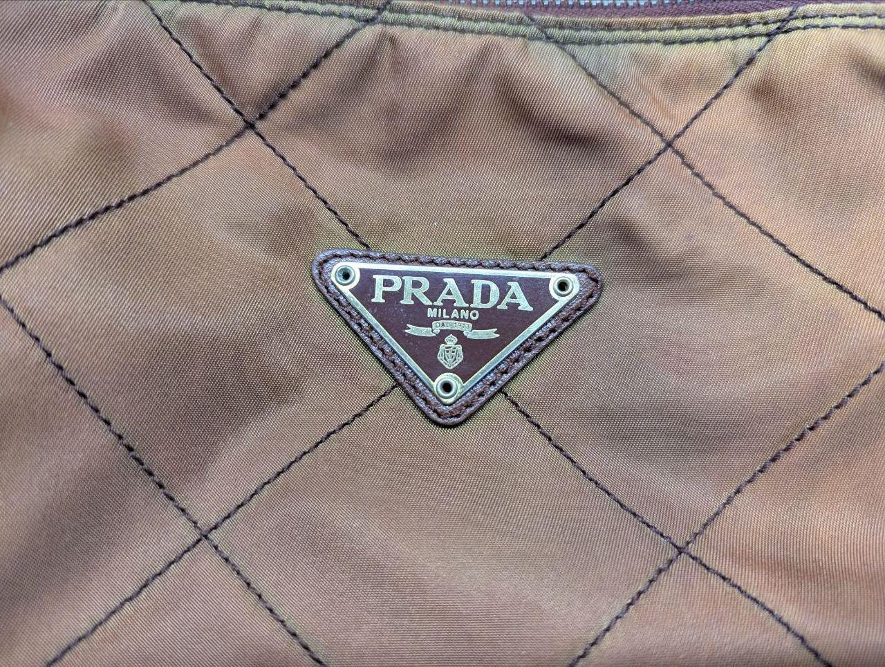 Prada Milano Nylon Quilted Shoulder Bag Brown Vintage Designer Chain Bag With Leather Trim Made In Italy Authentic Pre Owned