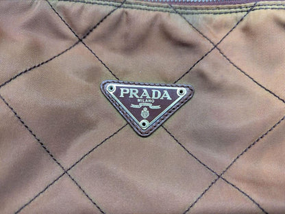 Prada Milano Nylon Quilted Shoulder Bag Brown Vintage Designer Chain Bag With Leather Trim Made In Italy Authentic Pre Owned
