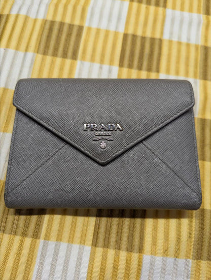 Vintage Prada Saffiano Trifold Leather Wallet Grey Envelope Wallet Designer Wallet Womens Wallet Pre Owned Authentic Italy