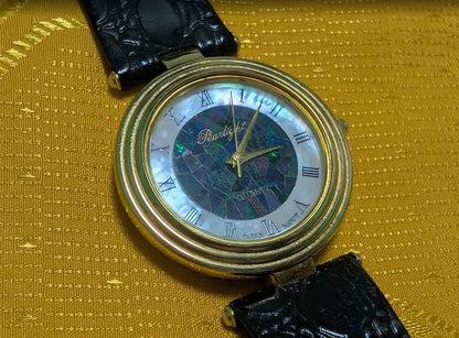 Vintage Pre-Owned Pearlight Quartz Watch 30mm Opal Mosaic Dial Roman Numerals Black Leather Strap Japan Movt. New Battery