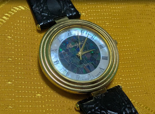 Vintage Pre-Owned Pearlight Quartz Watch 30mm Opal Mosaic Dial Roman Numerals Black Leather Strap Japan Movt. New Battery