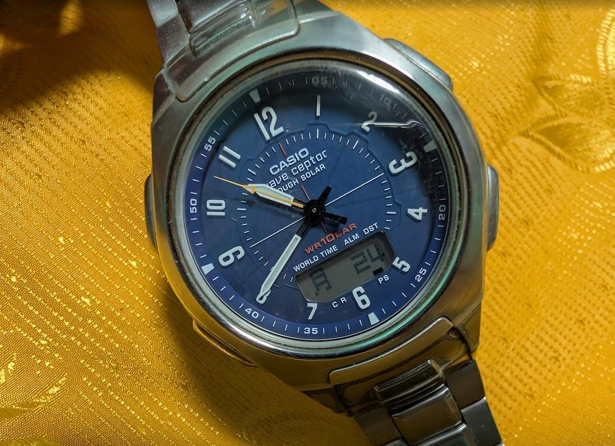 Vintage Pre-Owned Casio Wave Ceptor WVA-430J Tough Solar Blue Dial Radio Controlled Japan Watch Steel Bracelet