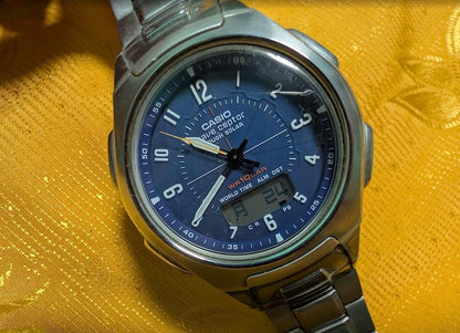 Vintage Pre-Owned Casio Wave Ceptor WVA-430J Tough Solar Blue Dial Radio Controlled Japan Watch Steel Bracelet