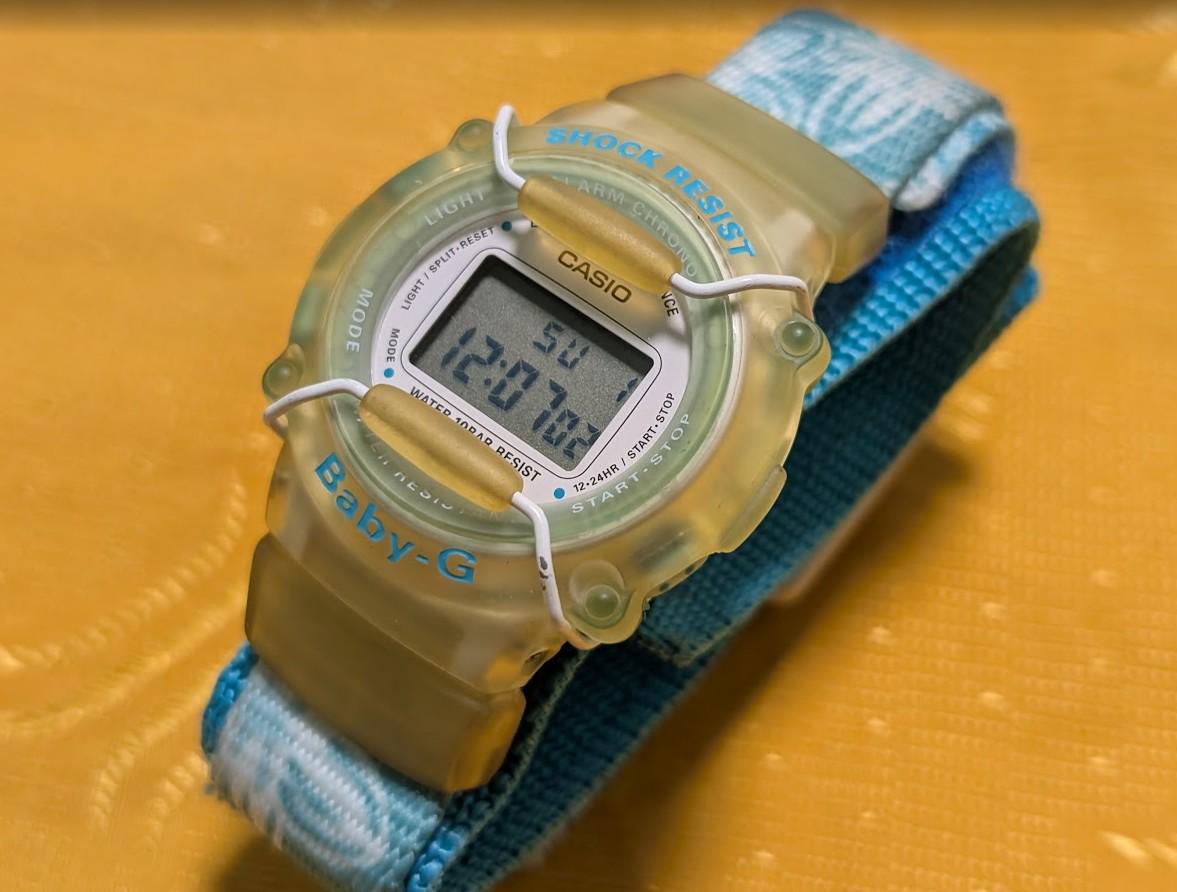 Vintage Pre-Owned Casio Baby-G BG-300 Digital Watch, 40mm Translucent Case, Green Backlight, Shock Resistant, 10 Bar, New Battery, Working Video