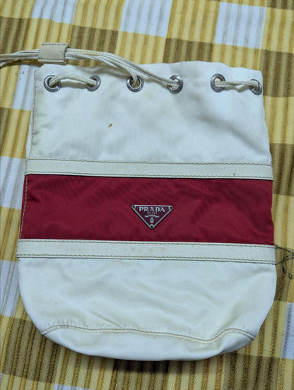 Vintage Prada Vela Nylon Bucket Bag White Red Drawstring Bag Authentic 2005 Milano Italy Pre Owned Designer Bag
