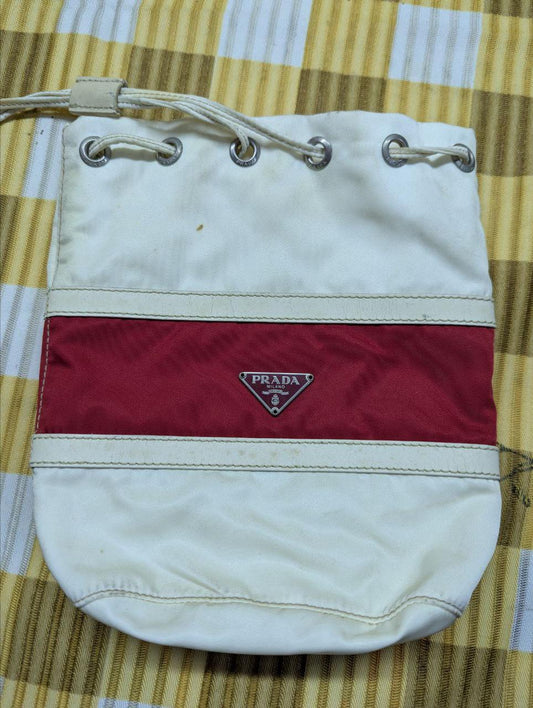 Vintage Prada Vela Nylon Bucket Bag White Red Drawstring Bag Authentic 2005 Milano Italy Pre Owned Designer Bag