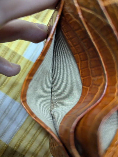 COCOCELUX GOLD Leather Wallet Crocodile Embossed Brown Compact Bifold Wallet with Snap Closure, Japanese Brand, Used
