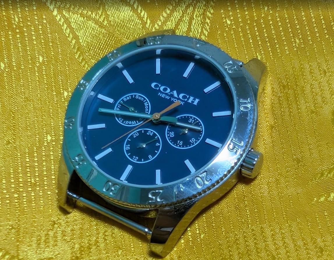 Coach New York Quartz 45mm Blue Dial Stainless Steel Watch New Battery NATO Strap Excellent Vintage Pre-Owned Condition Working Video