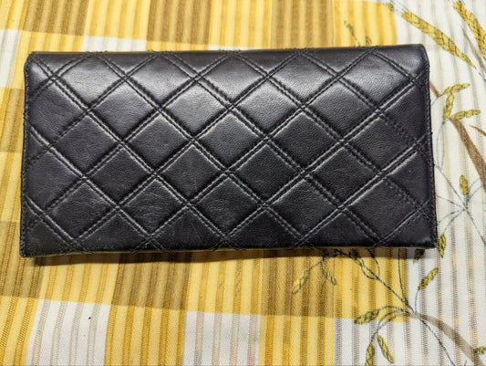 Chanel Paris Quilted Leather Long Wallet Black Envelope Style Snap Closure Vintage Pre-Owned Designer Wallet With Zipper Coin Pocket