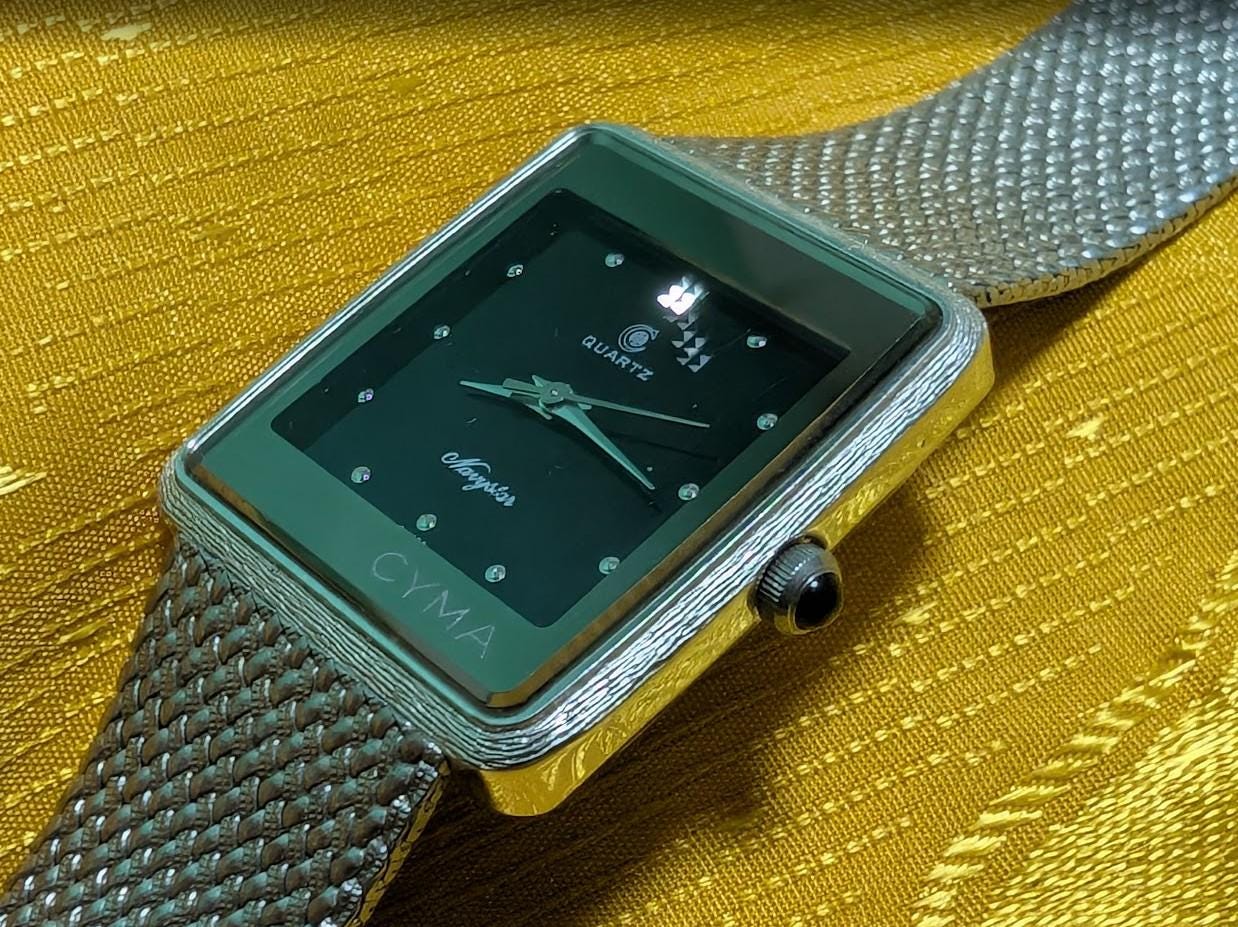 Cyma Tank Style Watch Swiss Quartz Vintage Pre-Owned Rectangular Minimalist Mesh Bracelet Unisex. New Battery.