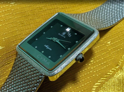 Cyma Tank Style Watch Swiss Quartz Vintage Pre-Owned Rectangular Minimalist Mesh Bracelet Unisex. New Battery.