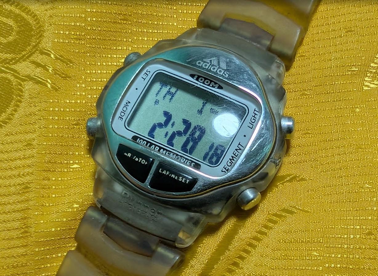 Rare Adidas Vintage Pre-Owned Digital Watch 100M Runner Chronograph Timer 40mm Case Transparent Strap Sport Retro LCD Watch