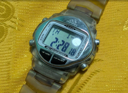 Rare Adidas Vintage Pre-Owned Digital Watch 100M Runner Chronograph Timer 40mm Case Transparent Strap Sport Retro LCD Watch
