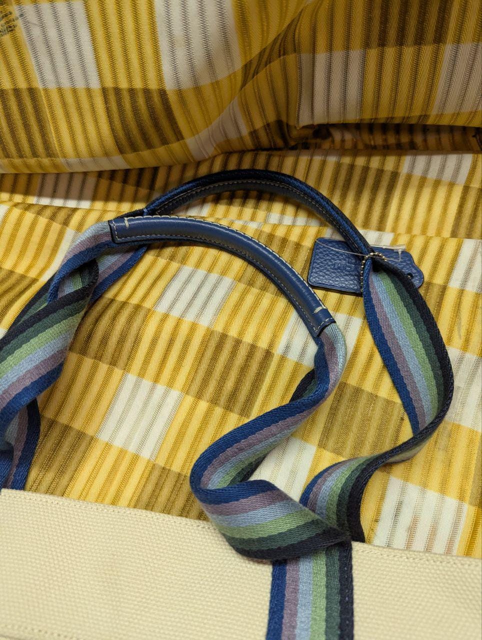 Pre-Owned Coach Canvas Tote Bag Rainbow Logo Large Shopper Coach New York Striped Handles Travel Weekend Bag