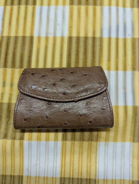 Pre-Owned Ostrich Leather Coin Purse Brown Snap Closure Change Wallet Small Accordion Pouch Compact Cash Holder