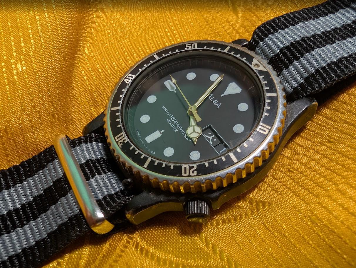 Vintage Pre-Owned ALBA V348-6080 Diver Style Quartz Watch 35mm 15 Bar Japan New NATO Strap New Battery Rare