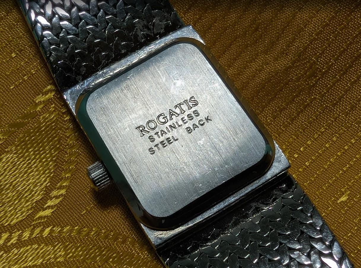 Rogatis Vintage Pre-Owned Watch Women Rectangular Black Dial Mesh Bracelet Quartz Minimalist.New Battery
