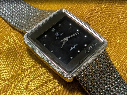 Cyma Tank Style Watch Swiss Quartz Vintage Pre-Owned Rectangular Minimalist Mesh Bracelet Unisex. New Battery.