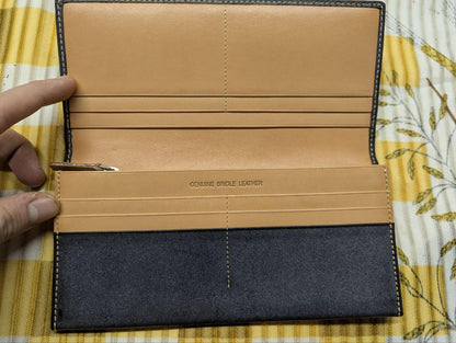 Vintage Pre-Owned Genuine Bridle Leather Long Wallet Black Tan Interior Continental Bifold Zip Coin Pocket Classic Mens Leather Wallet