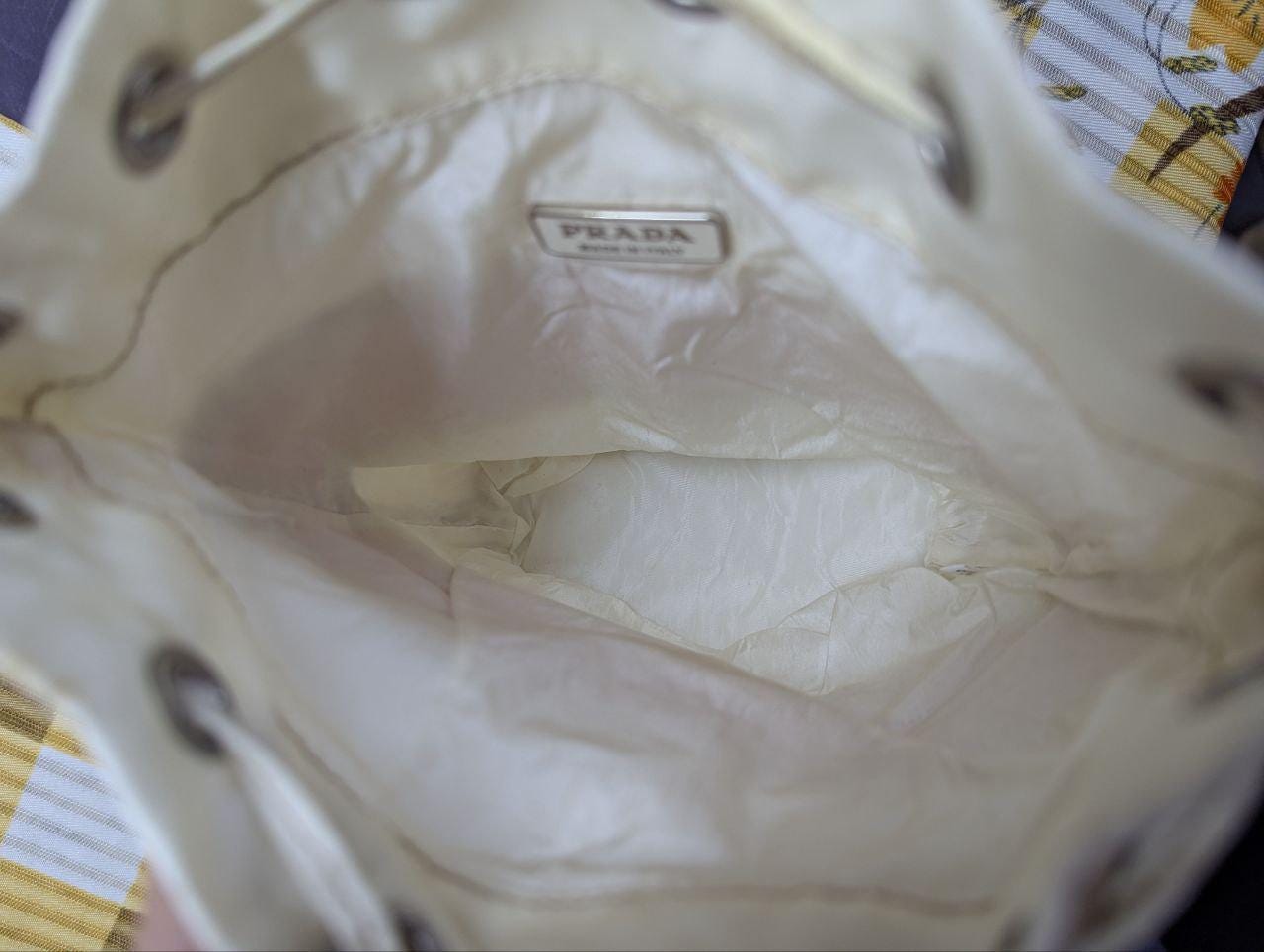 Vintage Prada Vela Nylon Bucket Bag White Red Drawstring Bag Authentic 2005 Milano Italy Pre Owned Designer Bag
