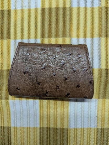 Pre-Owned Ostrich Leather Coin Purse Brown Snap Closure Change Wallet Small Accordion Pouch Compact Cash Holder