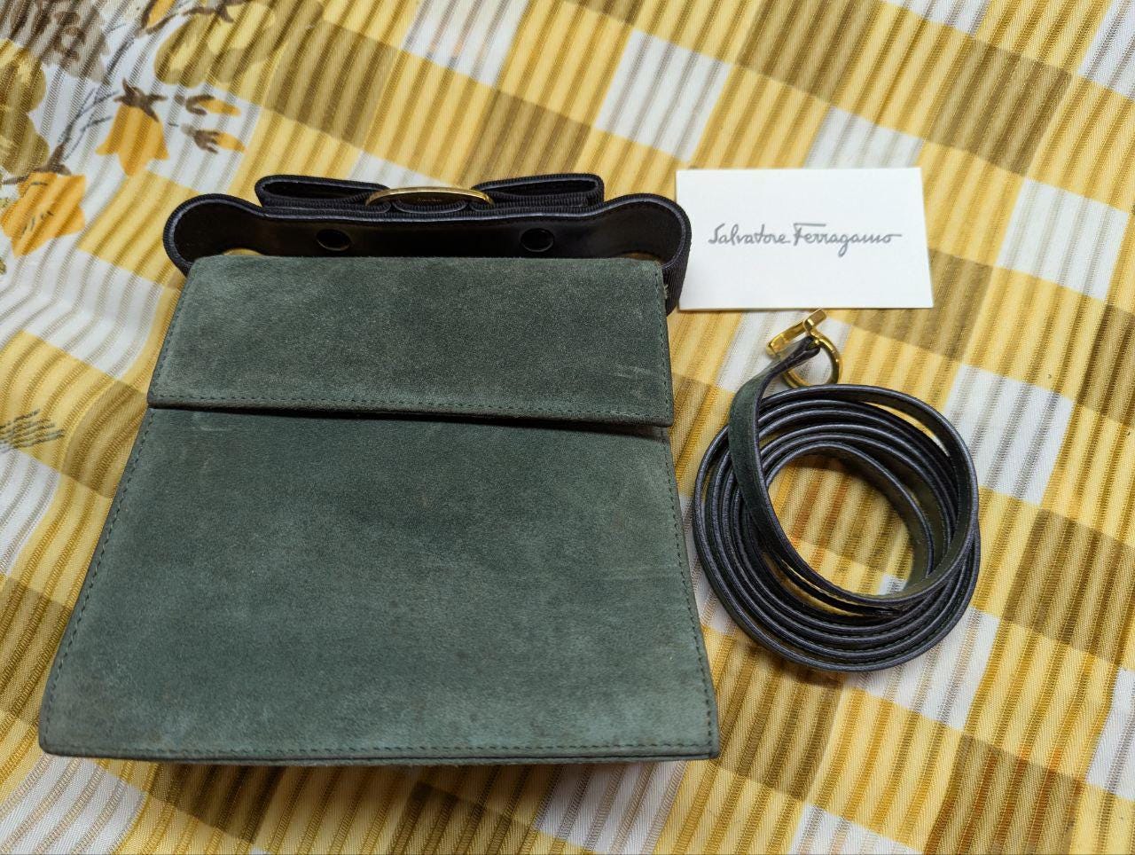 Salvatore Ferragamo Suede Mini Bag Green Vara Bow Crossbody Bag Vintage Pre-Owned Ferragamo Shoulder Bag Made In Italy