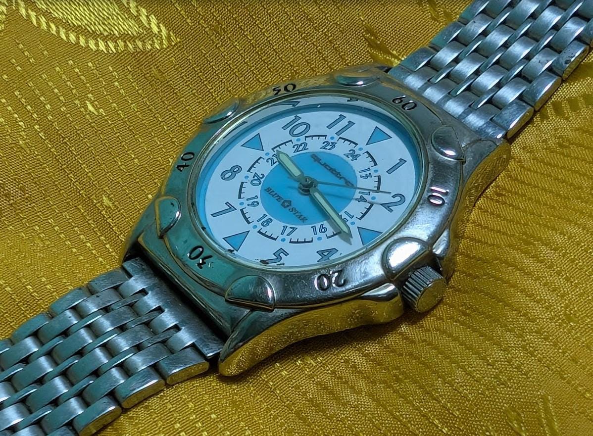 Rare quattro blue star watch steel bracelet vintage Pre-Owned japan style luminous dial,Dial 36mm. New Battery